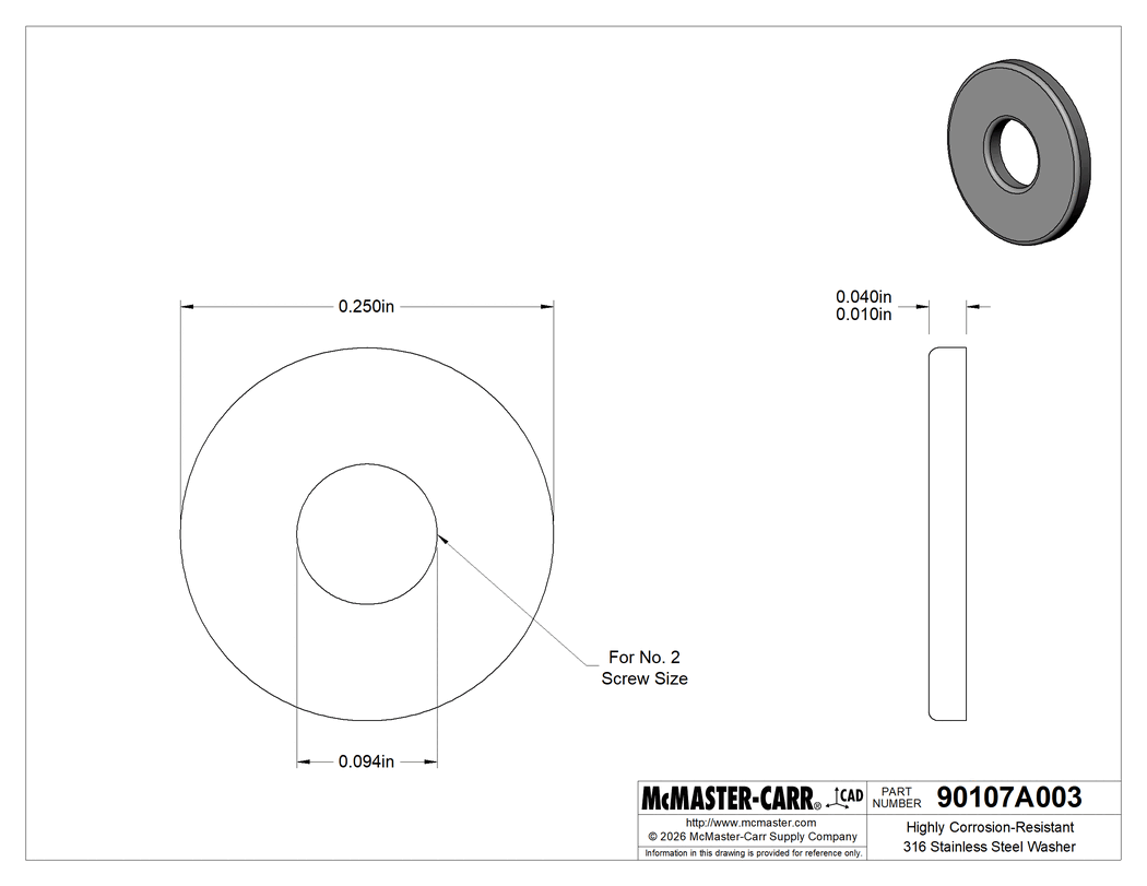 Technical Drawing of Highly Corrosion-Resistant 316 Stainless Steel Washer, for Number 2 Screw Size, General Purpose, 0.094" ID.